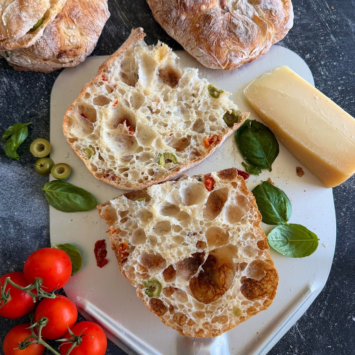 Summer Ciabatta with Basil, Sun-Dried Tomatoes & Olives